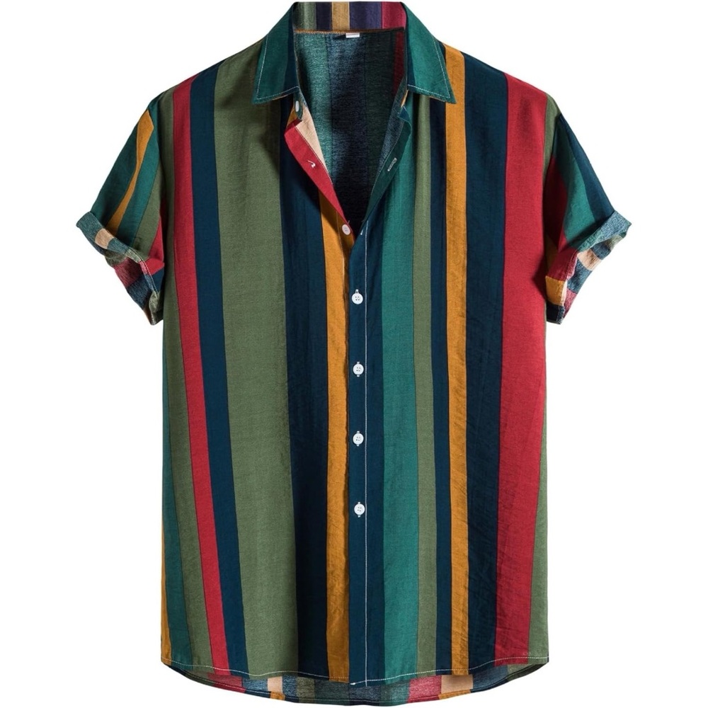 Amazon Short Sleeve Casual Button Down Striped Shirt in Green & Red Size XL